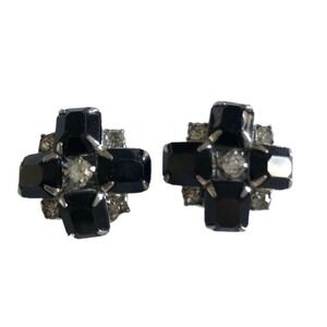 Vintage Black Clear Rhinestone Baguette Signed Clip-On Earrings Faux Onyx
